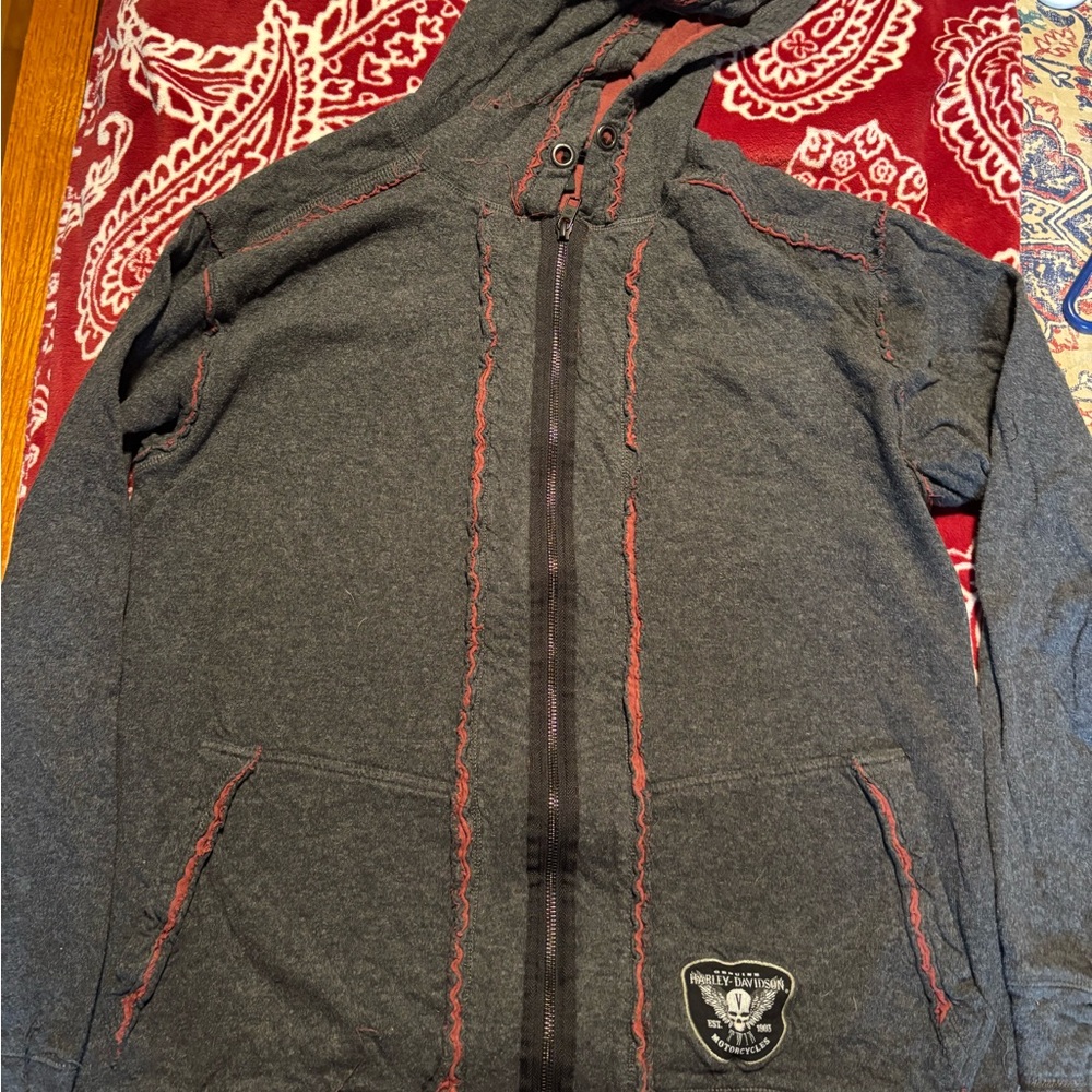 Harley Davidson Gray Hoodie with Red Stitching